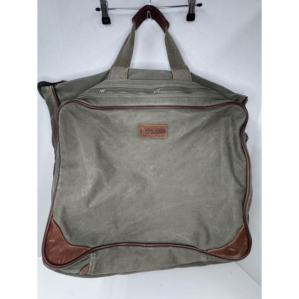 Vintage Lands End OD Green Canvass and Leather Garment Bag